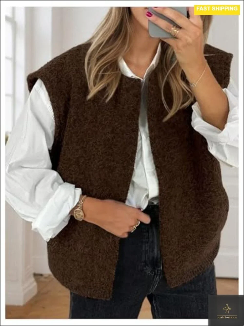 Women's Open Front Fuzzy Cardigan Sweater Cap Sleeve Cozy Knit Outerwear